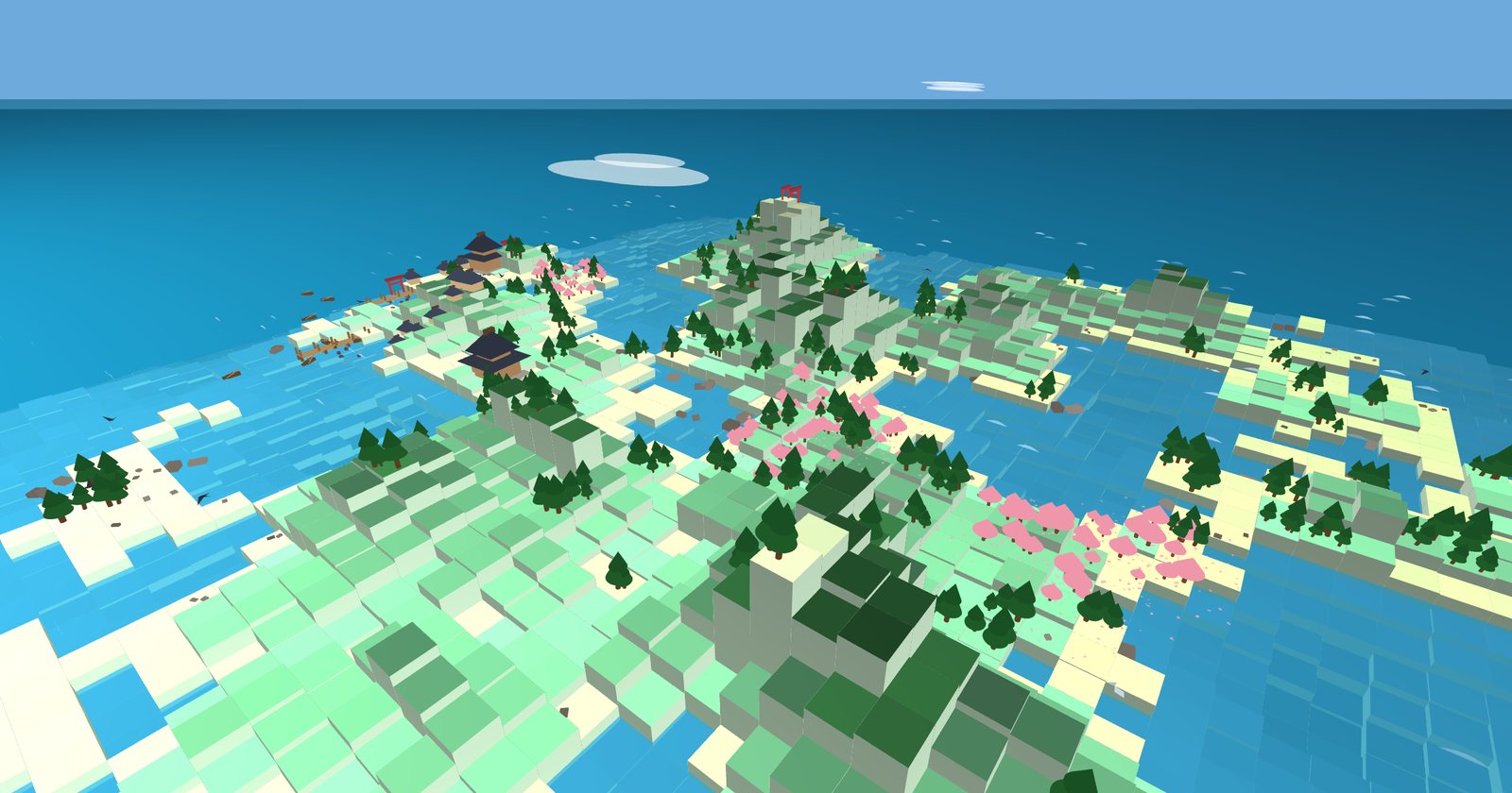 Henkaku Island: a voxel island with forests, cherry blossoms, shrines and a village, rendered in the browser